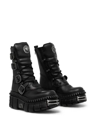 New Rock 80mm Buckle Platform Boots In Black