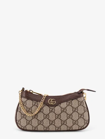 Gucci Women Beige Shoulder Bag With Gg Plaque On The Front And Chain-link Handle In Gg Canvas Woman In Brown