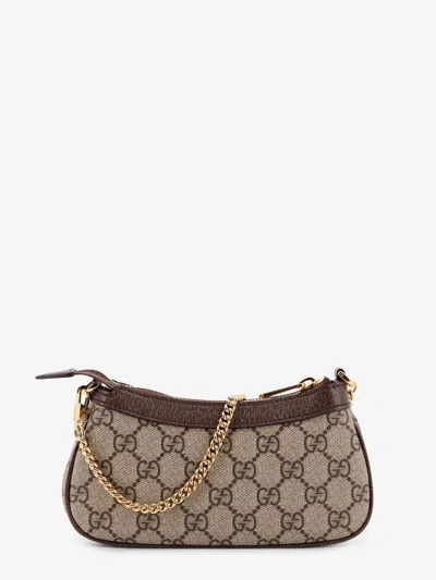 Gucci Women Beige Shoulder Bag With Gg Plaque On The Front And Chain-link Handle In Gg Canvas Woman In Brown