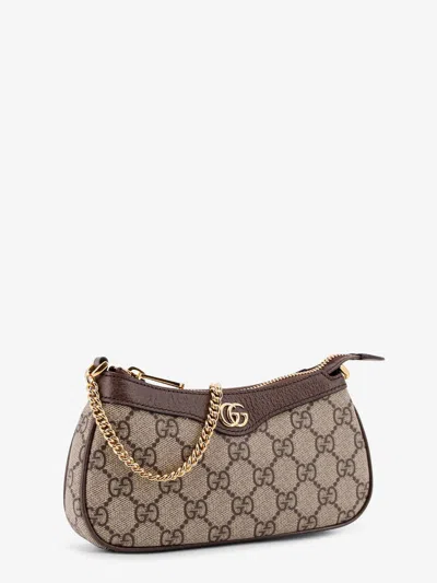 Gucci Women Beige Shoulder Bag With Gg Plaque On The Front And Chain-link Handle In Gg Canvas Woman In Brown
