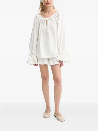 Sleeper Tie Ruffle Blouse In White