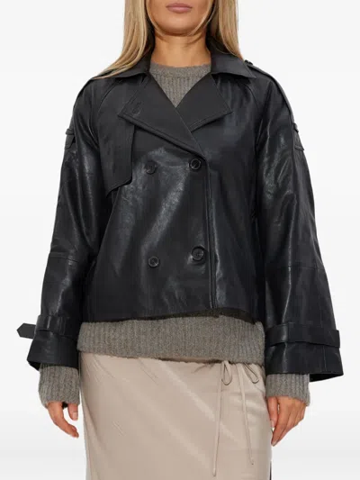 Allsaints Womens Black Hendry Relaxed-fit Cropped Leather Trench In Black