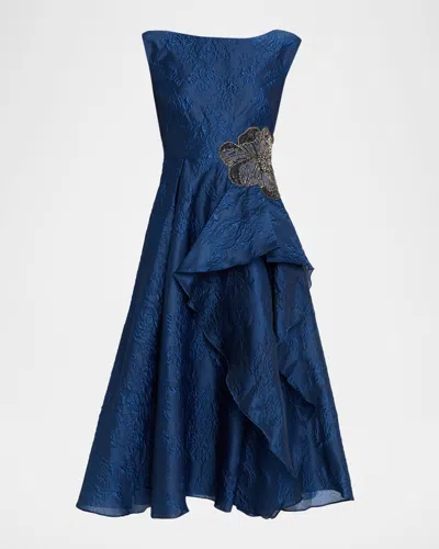 Theia Caity Draped Floral Jacquard Midi Dress In Blue