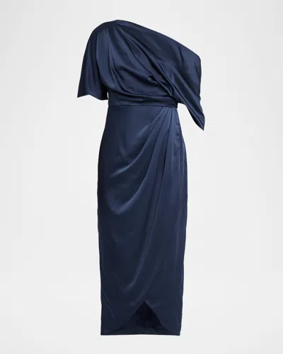 Theia Rayna Draped One-shoulder Satin Midi Dress In Blue