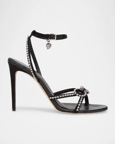 Alexander Mcqueen Leather Crystal Bow Heeled Sandals 105 In Black