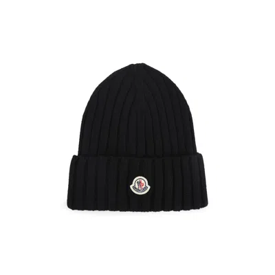 Moncler Ribbed Knit Wool Beanie Turn-up Brim In Black