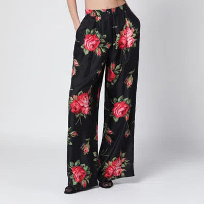 Dolce & Gabbana Wide Twill Trousers With Rose Bouquet Print In Multi