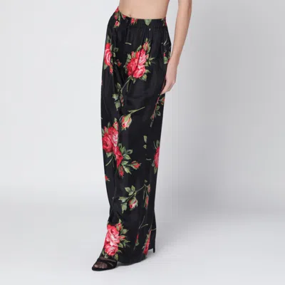 Dolce & Gabbana Wide Twill Trousers With Rose Bouquet Print In Multi
