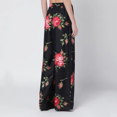 Dolce & Gabbana Wide Twill Trousers With Rose Bouquet Print In Multi