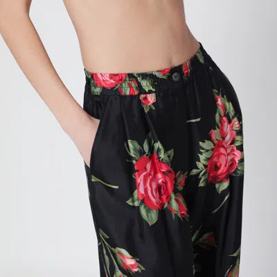 Dolce & Gabbana Wide Twill Trousers With Rose Bouquet Print In Multi