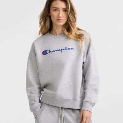 Champion Powerblend Crewneck Sweatshirt, Script Logo In Gray