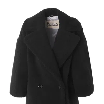 Herno Double-breasted Teddy Coat In Black