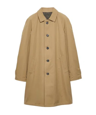Prada Button Triangle Logo Cotton Coat In Brown