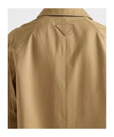 Prada Button Triangle Logo Cotton Coat In Brown