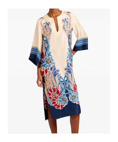 La Doublej The Kaftan Multicolor Silk Kaftan With V Neck And All-over Floral Print Woman In White
