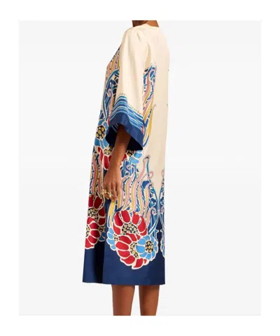 La Doublej The Kaftan Multicolor Silk Kaftan With V Neck And All-over Floral Print Woman In White