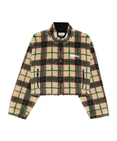 Miu Miu Checked Zip Jacket In Brown
