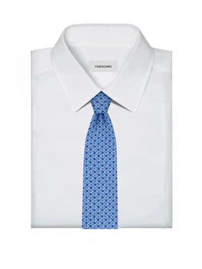 Ferragamo Gancini Square Print Silk Tie In Blue