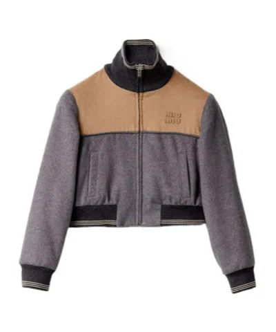 Miu Miu Embroidered Logo Wool Jacket In Gray