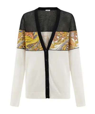 Ferragamo V-neck Cardigan With Silk Inserts In Black