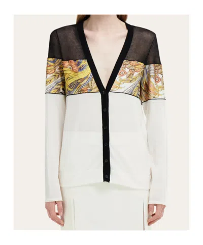Ferragamo V-neck Cardigan With Silk Inserts In Black