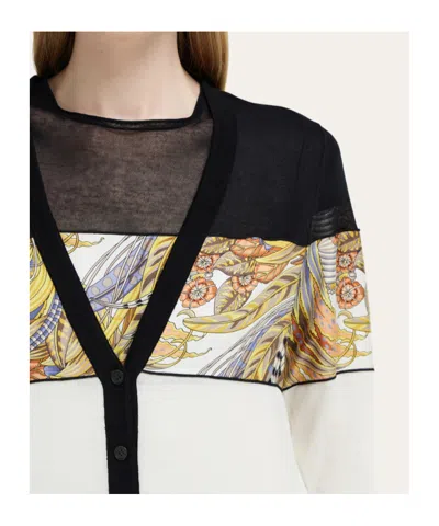 Ferragamo V-neck Cardigan With Silk Inserts In Black