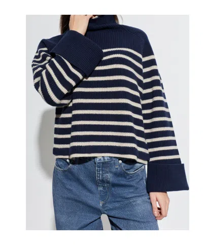 Rag & Bone Stripe Wool Cuff Sleeve Funnel Neck Sweater In Blue