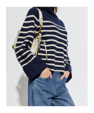 Rag & Bone Stripe Wool Cuff Sleeve Funnel Neck Sweater In Blue