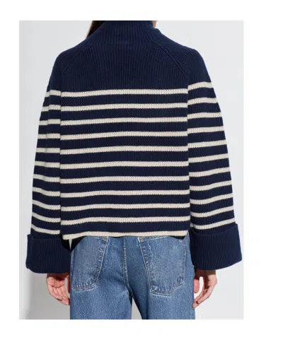 Rag & Bone Stripe Wool Cuff Sleeve Funnel Neck Sweater In Blue