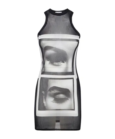 Jean Paul Gaultier Mesh Tank Dress Eyes Lips Print In Black