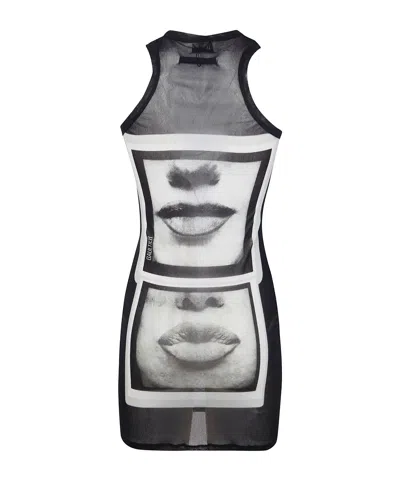 Jean Paul Gaultier Mesh Tank Dress Eyes Lips Print In Black