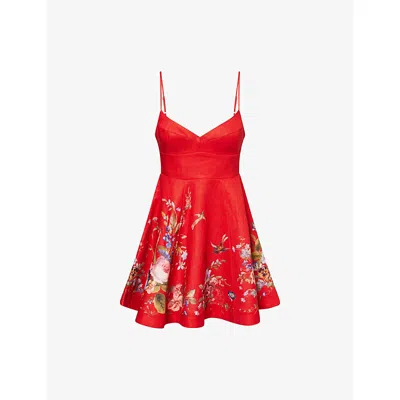 Zimmermann Alight Shirred Floral-print Linen Mini Dress In Red Floral