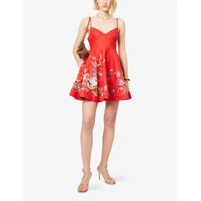 Zimmermann Alight Shirred Floral-print Linen Mini Dress In Red Floral