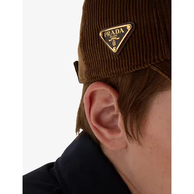 Prada Womens Brown Logo-plaque Corduroy Baseball Cap In Brown