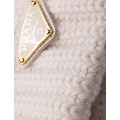 Prada Womens Neutral Logo-embellished Knitted Wool Beanie In White