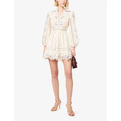 Zimmermann Womens Cream Purple Rose Patience Plunge Linen Mini Dress In Multi