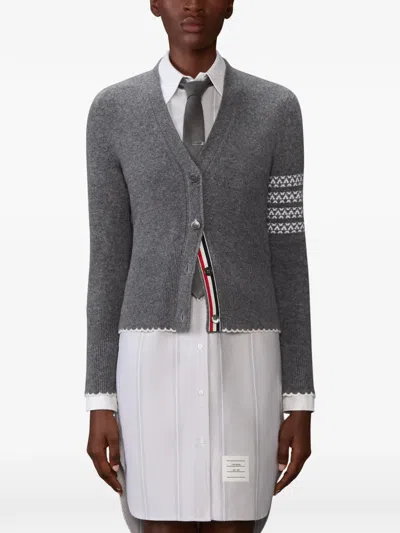 Thom Browne V-neck Four-stripe Cardigan In Gray