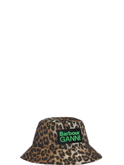 Ganni X Barbour Leopard-print Logo-patch Hat In Brown
