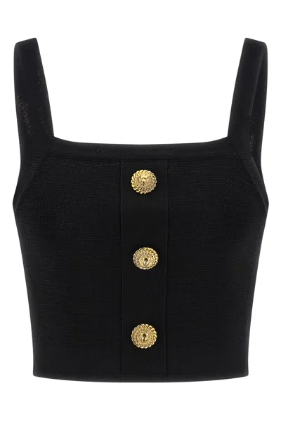 Balmain Cropped Sleeveless Top Gold Button Detail In Black