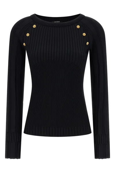 Balmain Sweater Three Buttons Crew Neck Ribbed In Black