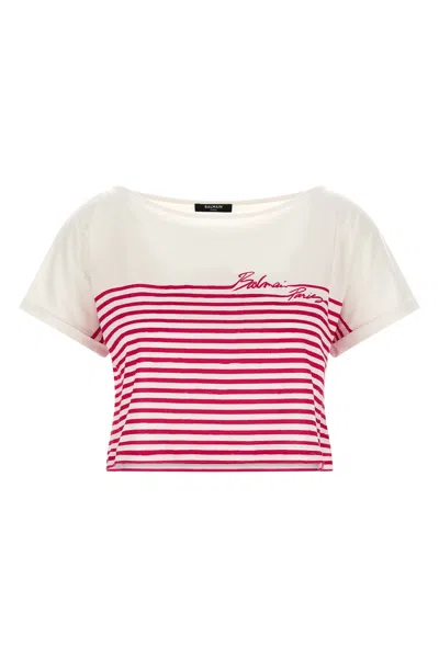 Balmain Fuchsia Cropped T-shirt In Multi