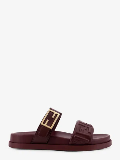 Fendi Feel Embossed Ff Leather Flat Sandals In Purple