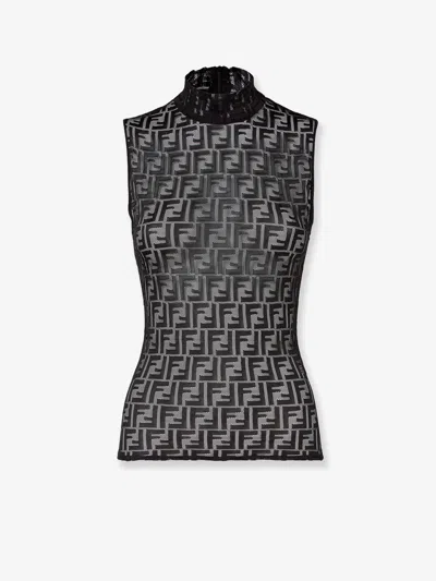Fendi Women Black Crewneck Sleeveless Top With All-over Ff Motif And Rear Zip Closure In Tech Fabric In Gray