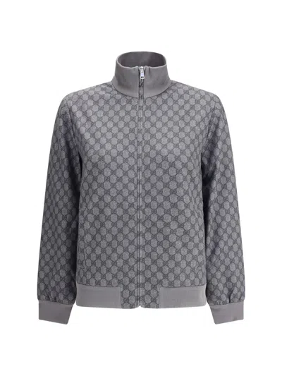 Gucci Grey Sweatshirt With High Neck And All-over Gg Print In Tech Fabric Woman In Gray