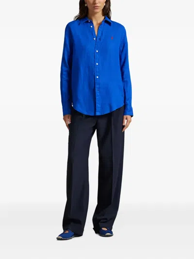 Polo Ralph Lauren Logo-embroidered Linen Shirt In Blue