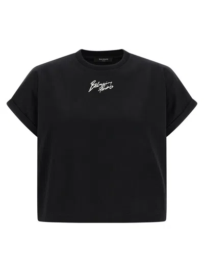 Balmain Cropped Logo Cotton T-shirt In Black