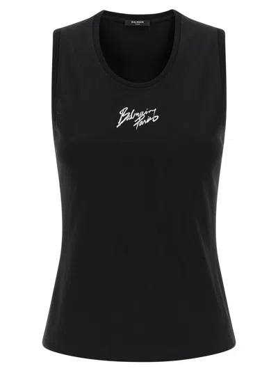 Balmain Paris Logo Sleeveless Round Neck Top In Black