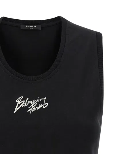 Balmain Paris Logo Sleeveless Round Neck Top In Black