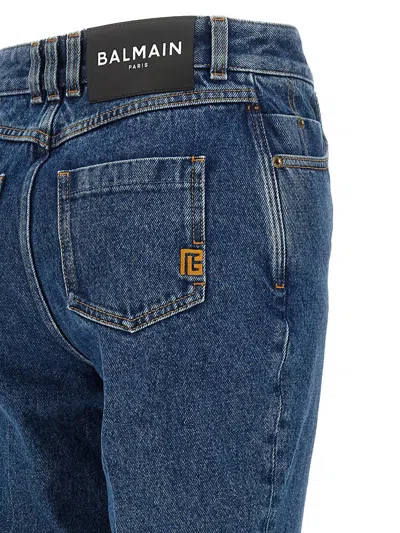 Balmain Embroidered Denim Trousers Belt Loops Pockets In Blue
