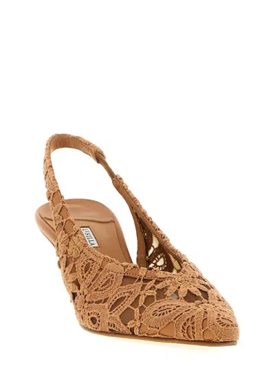 Le Silla Chantilly Slingback Pumps Lace Floral Kitten In Brown